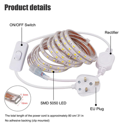 GQL 2m 5050 LED Strip Warm White with Switch (80cm Cable), Mains Powered SMD 60LEDs/m Commercial Rope Light, IP65 Waterproof for Indoor/Outside Decoration UK Plug Supply
