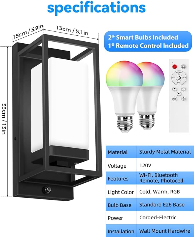 SHIMR Smart Outdoor Wall Lights 2 Pack, WiFi RGB Color Changing Sconce 2700K–6500K Tunable White, Dusk to Dawn Outdoor Light Fixture with E26 Base for House Porch Garage, Work with Alexa & Google