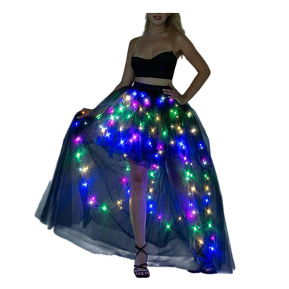 QooGoo Women Tulle Tutu Skirts, Long Maxi Tulle Skirt, LED Light Up Night Out Skirts,Dovetail Skirt,Halloween Christmas Wedding Party M