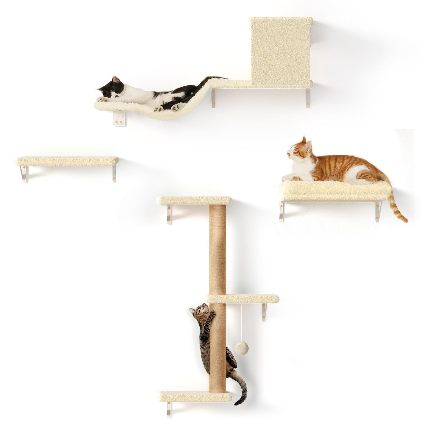 FUKUMARU Cat Wall Shelves, Stable & Safe 4 in 1 Large Cat Walls Furniture Set, Wooden Kitten Climbing Wall with Scratching Post for 16 Inch Drywall - Beige