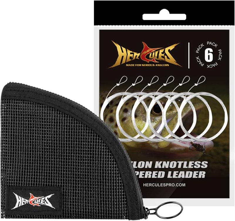 HERCULES Pre-Tied Loop Fly Fishing Leaders - 6 Pack with Tapered Wallet for Easy Storage