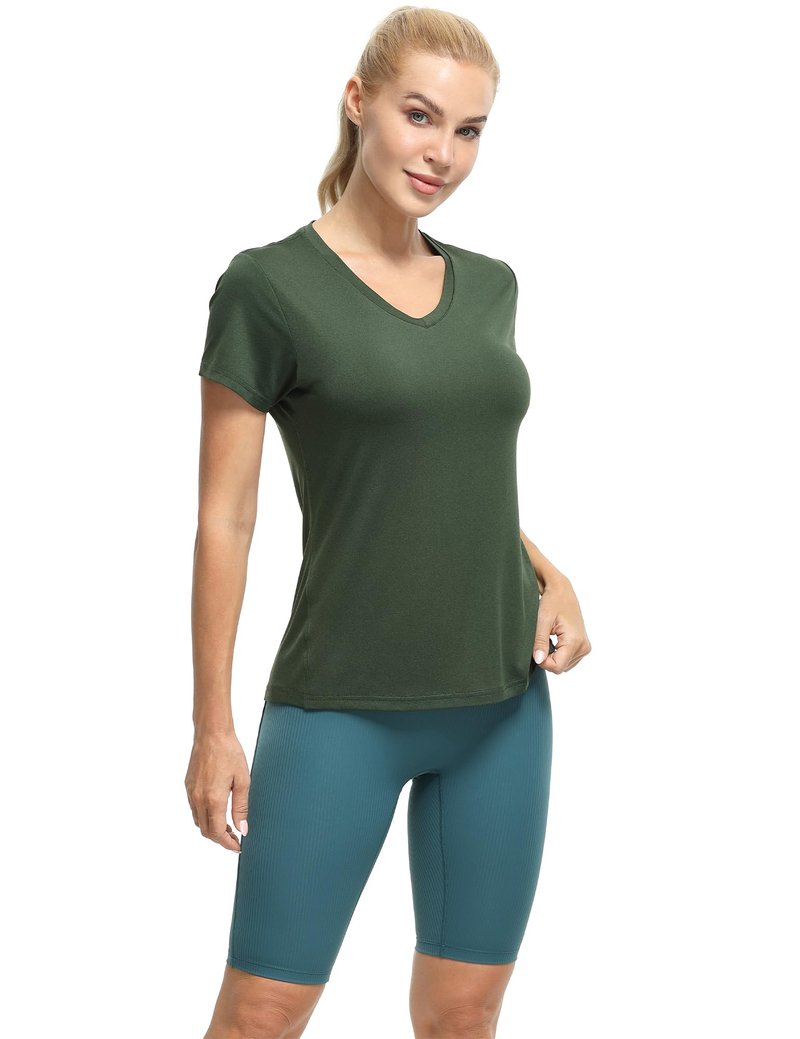 icyzone Workout Shirts Yoga Tops Activewear V-Neck T-Shirts for Women Running Fitness Sports Short Sleeve Tees (Solid Black/Pale Pink/Dark Green, XXL)