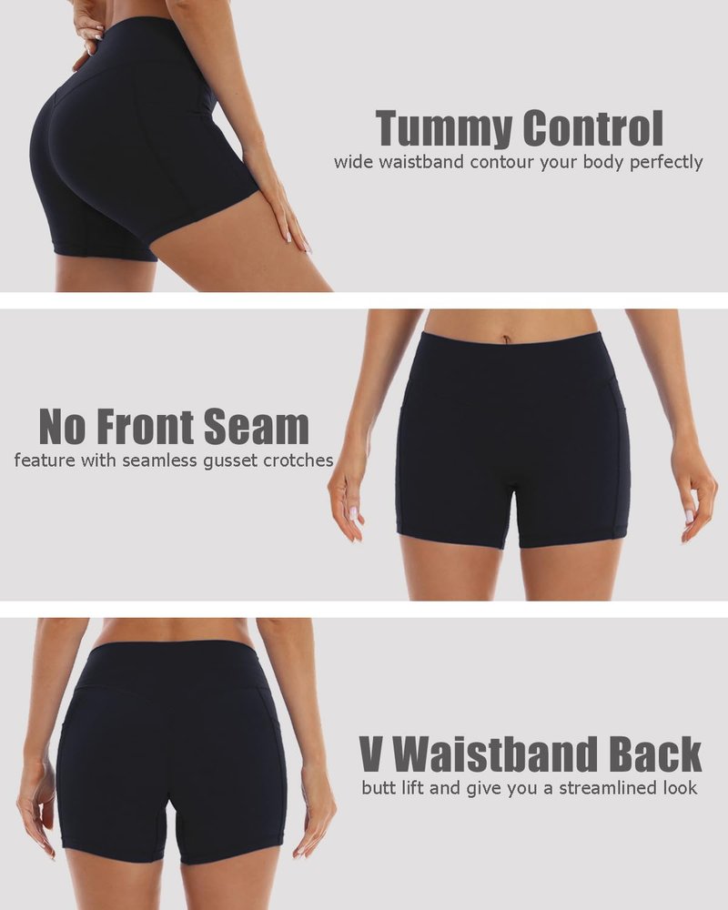 HOKOYI High Waisted Biker Shorts for Women 5'' Tummy Control Running Workout Spandex Athletic Gym Yoga Shorts with Pockets bk XL Black