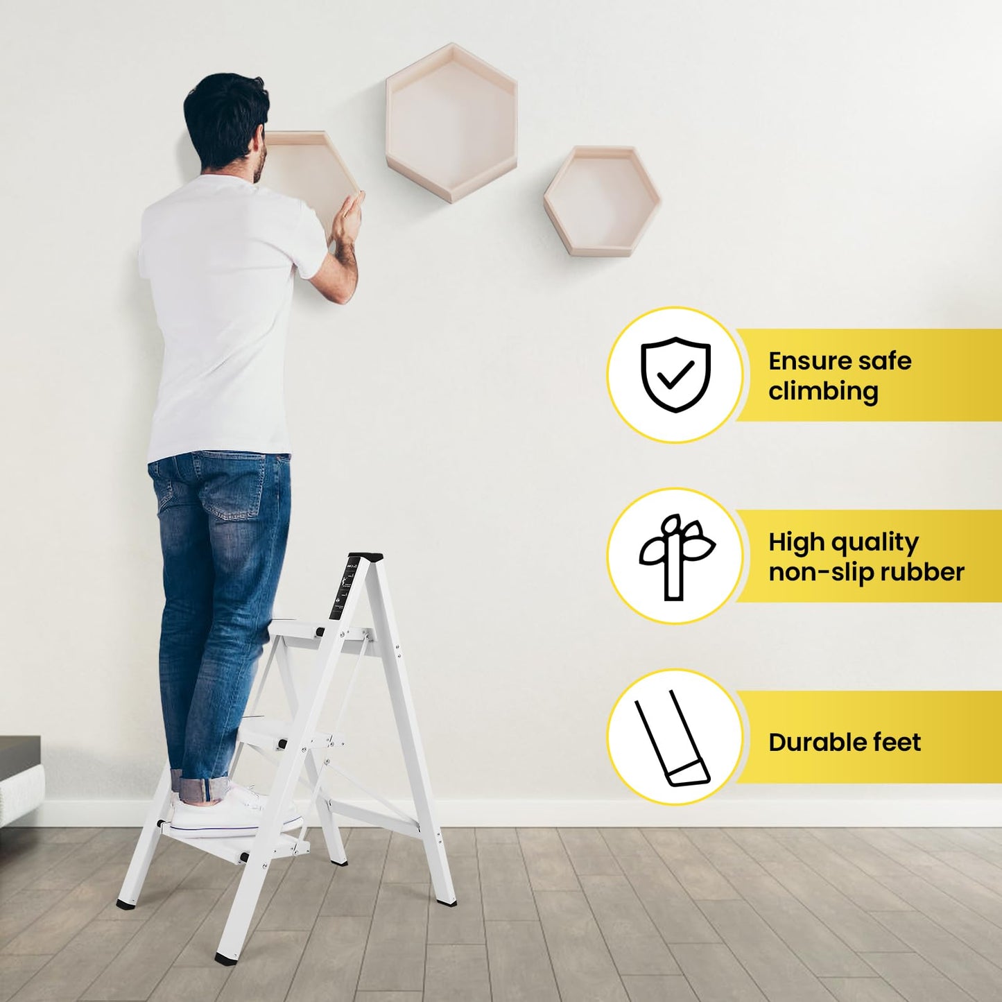 FAHKNS 3 Step Ladder, Aluminum Folding Step Stool with Anti-Slip Sturdy and Wide Pedal, Portable Space Saving Closet Step Stool for Home and Kitchen, Step Stools for Adults, White, 330Lbs