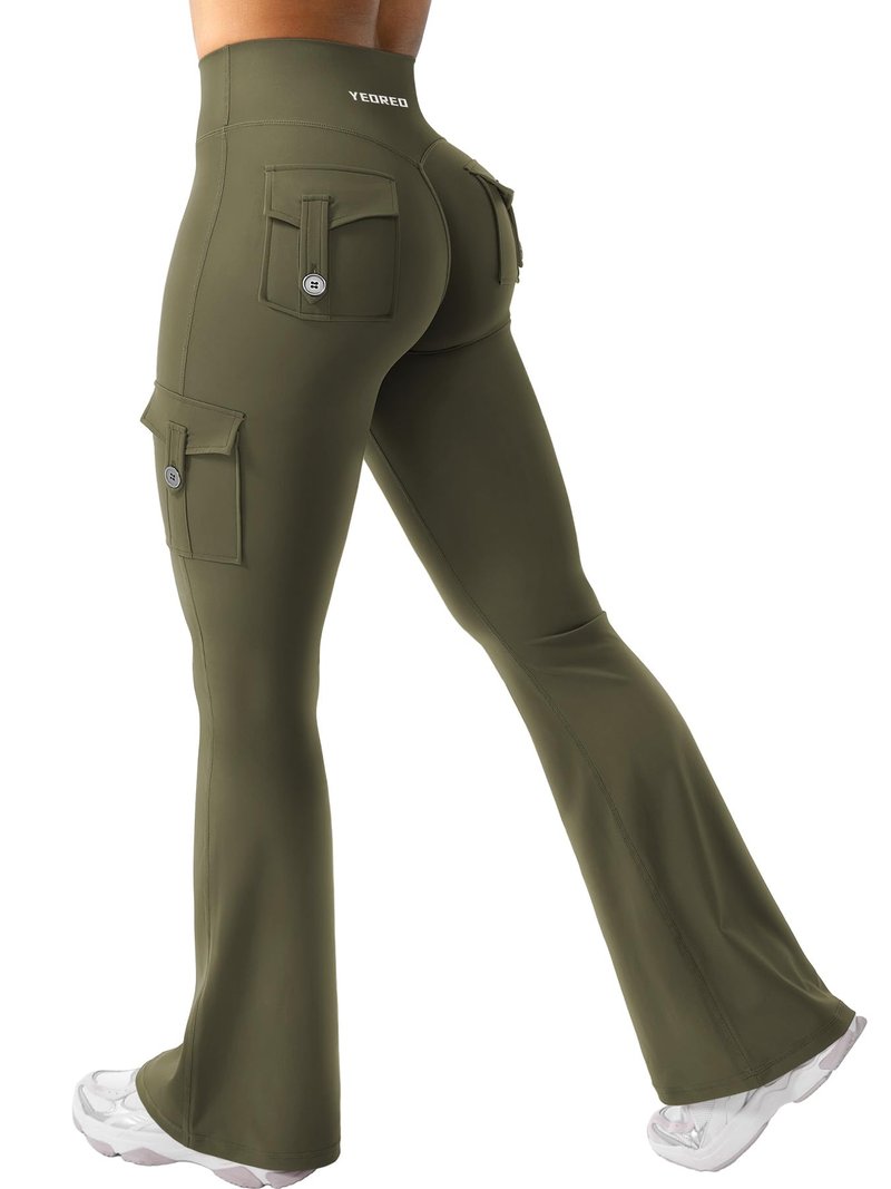 YEOREO CoreFlex Women Workout Flare Leggings with Pockets Hidden Scrunch High Waisted Cargo Gym Yoga Leggings Army Green M
