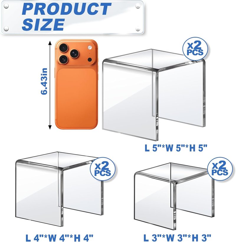 Aheroi Acrylic Display Risers - 6 Pcs Set of Square Stands for Figures & Cupcakes | 3", 4", 5" Sizes