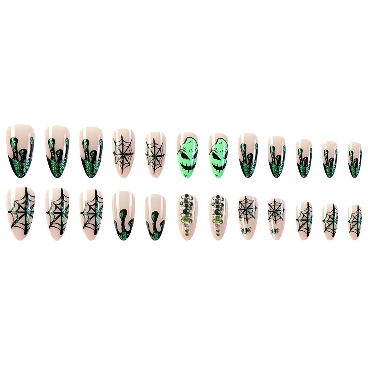 Halloween Press on Nails Medium Almond Fake Nails Nude Full Cover Green Spider Web Nightmare Christmas Nails Rhinestones False Nails with Designs Acrylic Artificial Nails for Women Girls 24Pcs
