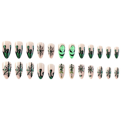 Halloween Press on Nails Medium Almond Fake Nails Nude Full Cover Green Spider Web Nightmare Christmas Nails Rhinestones False Nails with Designs Acrylic Artificial Nails for Women Girls 24Pcs