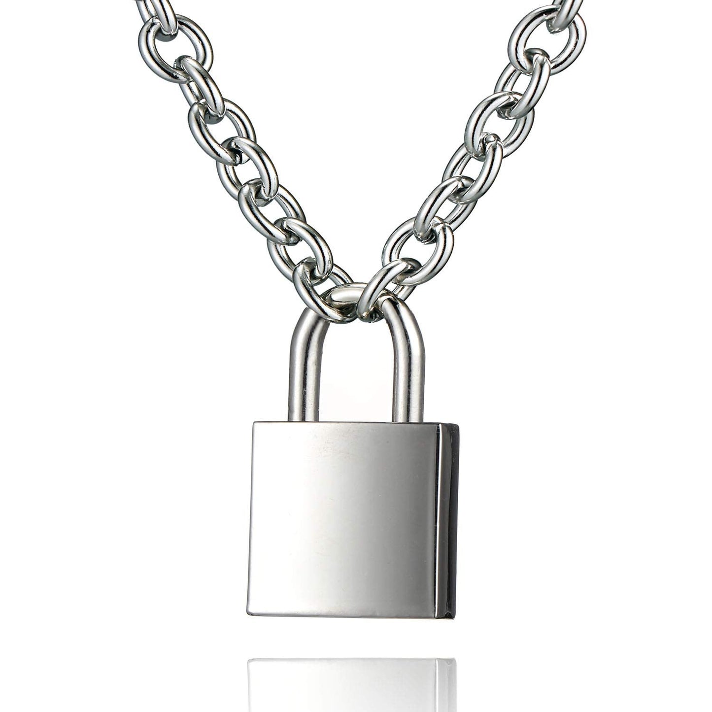 DIBOLA Padlock Necklace Stainless Steel Lock Chain for Men Women Silver 18 inch