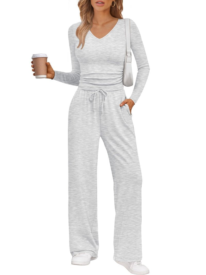 Trendy Queen Two 2 Piece Matching Lounge Sets for Women 2025 Winter Clothes Fashion Travel Vacation Sets Sweatsuits Casual Workout Airport Outfits Fall Clothing White Grey M