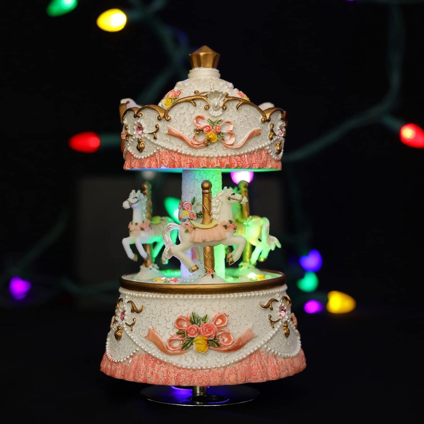 Carousel Music Boxes for Girls 3-Horse Rotating Windup Melody Castle in The Sky Color Change LED Lights Musical Gift for Daughter Birthday Christmas Festival Music Box Artware Pink
