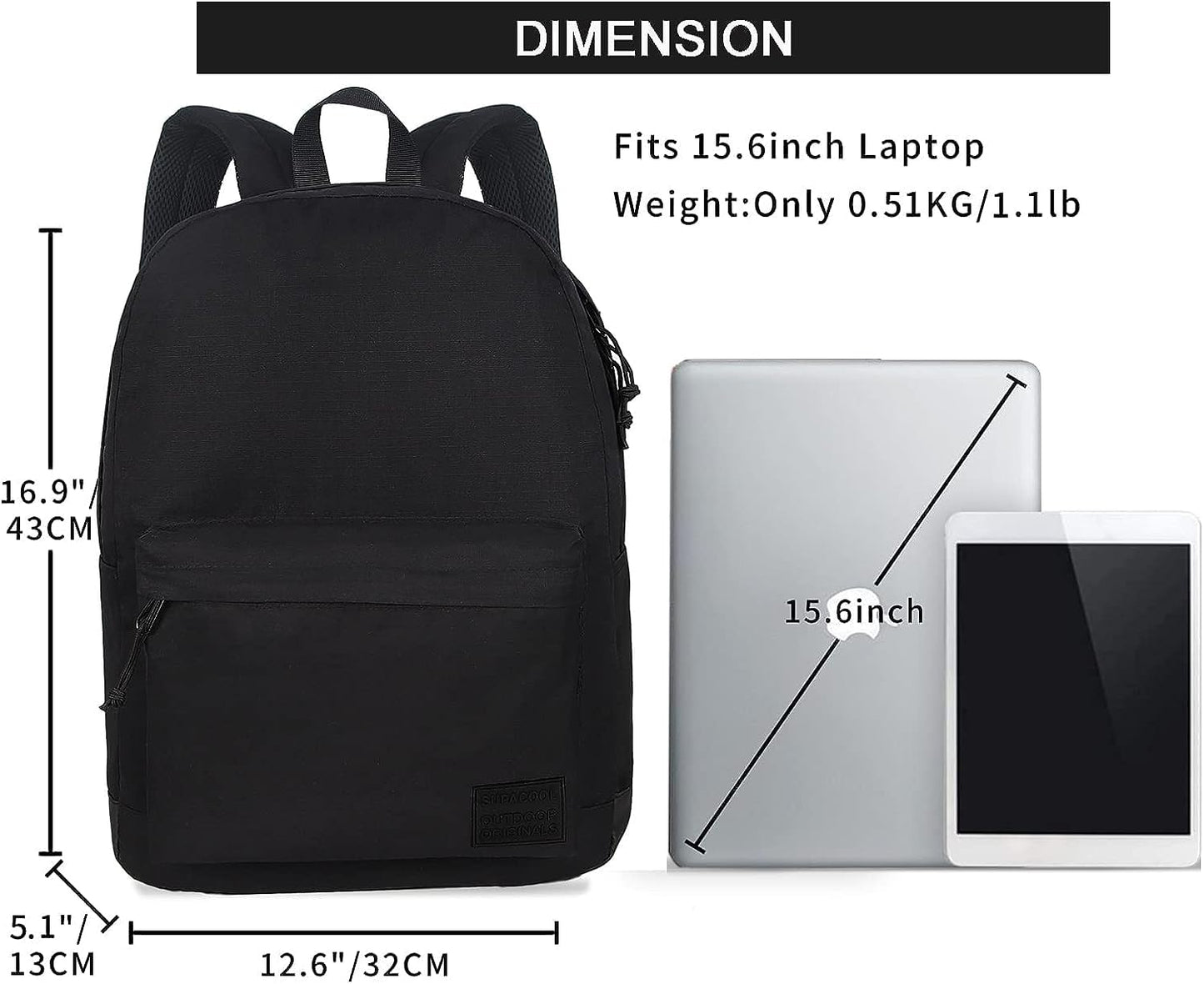 SUPACOOL Casual Laptop Backpack for Men and Women, Classic backpack for College Travel Work, Lightweight Pack Back(black)