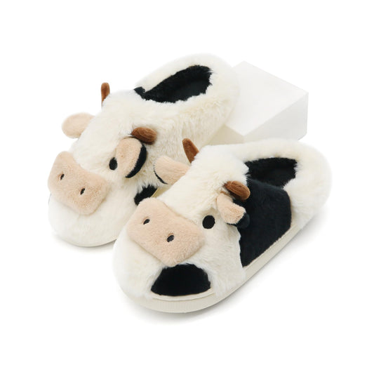 Boonble Fuzzy Cow Slippers for Women Men Adults, Fluffy Plush and Cozy House Shoes for Indoor Outdoor Bedroom, Warm Furry Cotton Slipper Open Heel for Winter Spring Fall 5.5-6.5