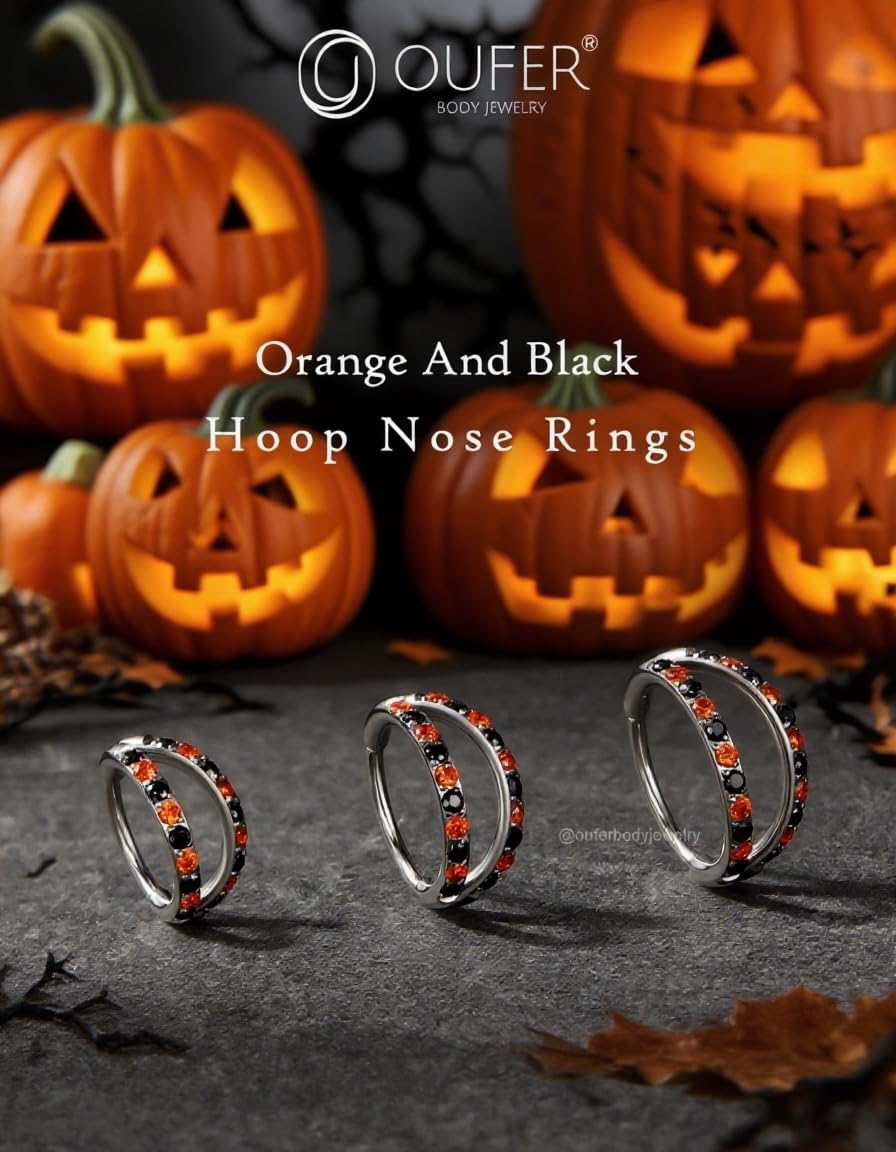 OUFER 20G Halloween Nose Rings, 316L Surgical Steel Double Hoop Nose Rings for Women, Orange and Black Crystal Hoop, 8MM Body Piercing Jewelry for Halloween