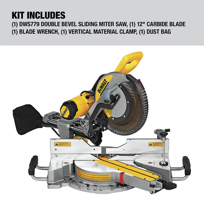 DEWALT Miter Saw, 12 Inch Double Bevel Sliding Compound Miter Saw, Blade Wrench and Material Clamp, Increased Crosscut Capacity, Powerful 3800 RPM Motor, Corded (DWS779)