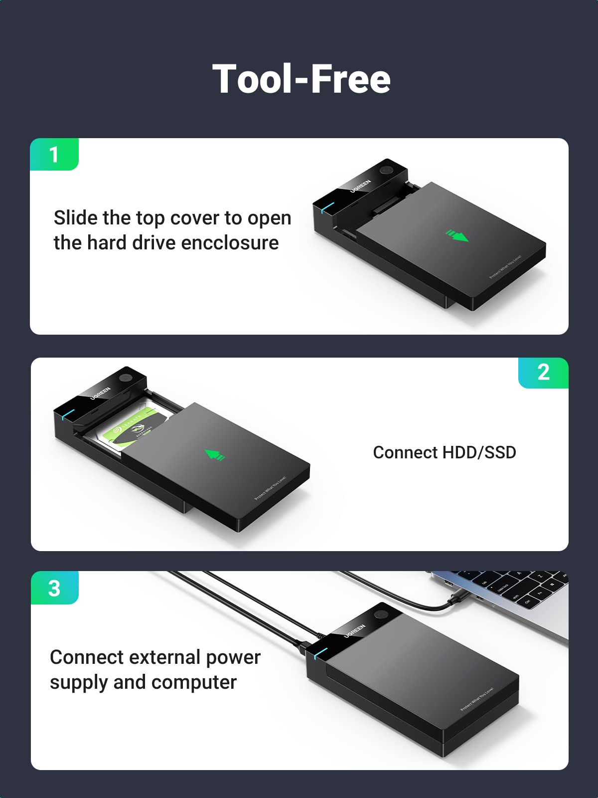 UGREEN Hard Drive Enclosure, USB 3.0 to SATA HDD Caddy for 2.5 3.5 inch SSD HDD Disk up to 22TB with DC Power Adapter, Tool-free Lay-Flat Hard Drive Docking Station for Windows Linux macOS, PS4, Xbox