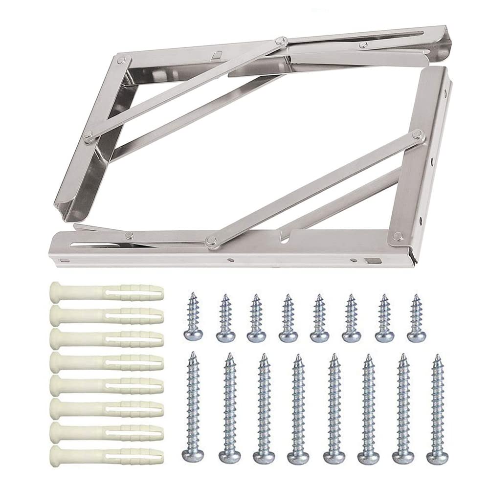 Folding Shelf Brackets, Max Load 300 lb, Heavy Duty Stainless Steel Collapsible Wall Mounted Shelf Brackets for Table, Space Saving DIY Bracket, Pack of 2 (2, Foldable 12")