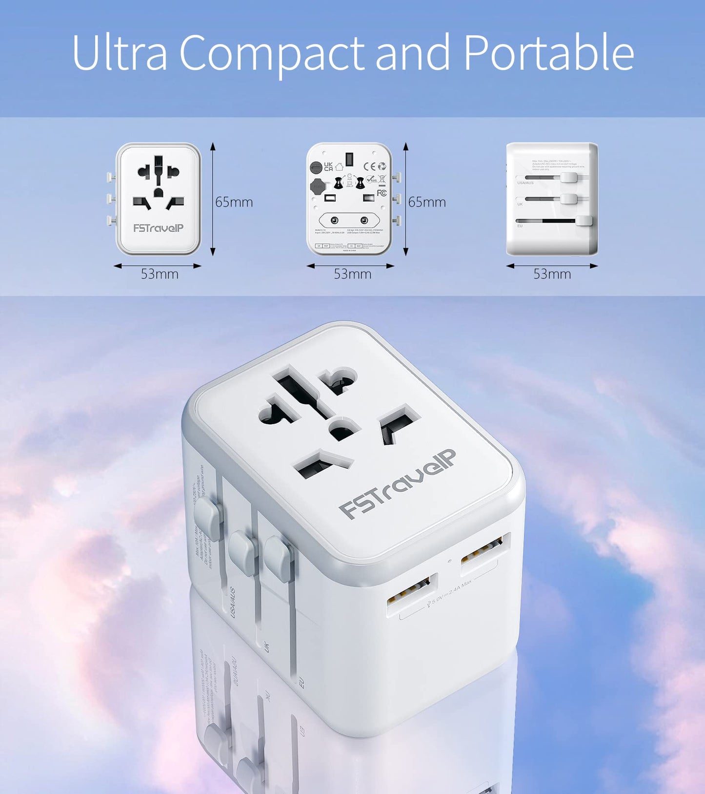 Worldwide Travel Adapter with USB, FSTravelP Universal Plug Adapter with 2 USB & International AC Socket, Dual 10A Fuses, All In One Travel Plug Adapter Worldwide for USA UK EU AU CN 150+ Countries
