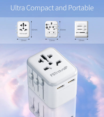 Worldwide Travel Adapter with USB, FSTravelP Universal Plug Adapter with 2 USB & International AC Socket, Dual 10A Fuses, All In One Travel Plug Adapter Worldwide for USA UK EU AU CN 150+ Countries