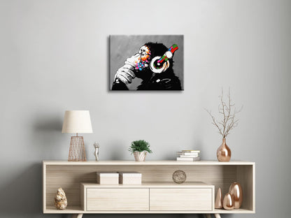Wieco Art Black Framed Monkey With Headphones Banksy Graffiti Art Abstract Canvas Paintings Prints Animal Canvas Wall Art for Wall Decor and Home decorations Office Decor