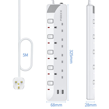 5M Extension Lead with Individual Switches, 13A 4 Way Power Strip 2 USB Lead with USB Slots Multi Plug Socket Extensions 5 Meters Long Extension Cord