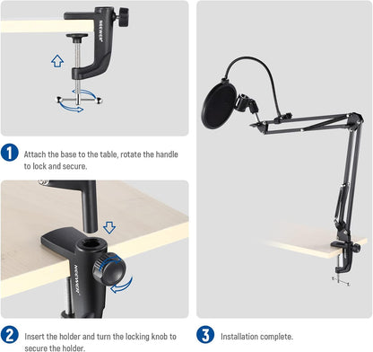 NEEWER Metal Table Mounting Clamp for Microphone Suspension Boom Scissor Arm Stand Holder with an Adjustable Positioning Screw, Fits up to 1.9inch/5centimeters Desktop Thickness (Black)