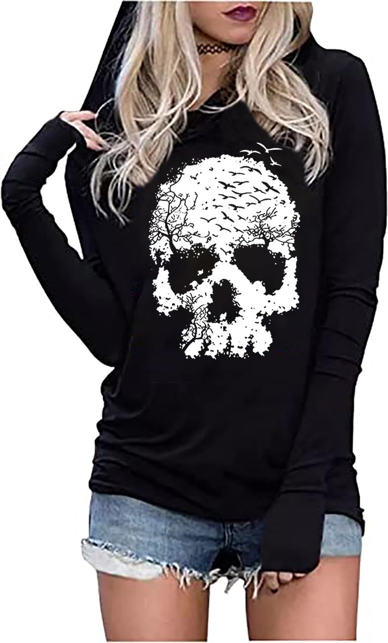 FCHICH Skull Hoodie Tshirt Women Vintage Gothic Graphic Tees Halloween Hoodies Casual Fall Long Sleeve Pullover Tops (L, Black)