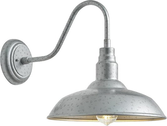 10in Dome Outdoor Gooseneck Barn Light Sliver Exterior Patio Wall Lantern Farmhouse Style Galvanized Outdoor Porch Wall Sconce for House, Garage Gooseneck Lighting Fixture 1 Pack, LM2201-SV