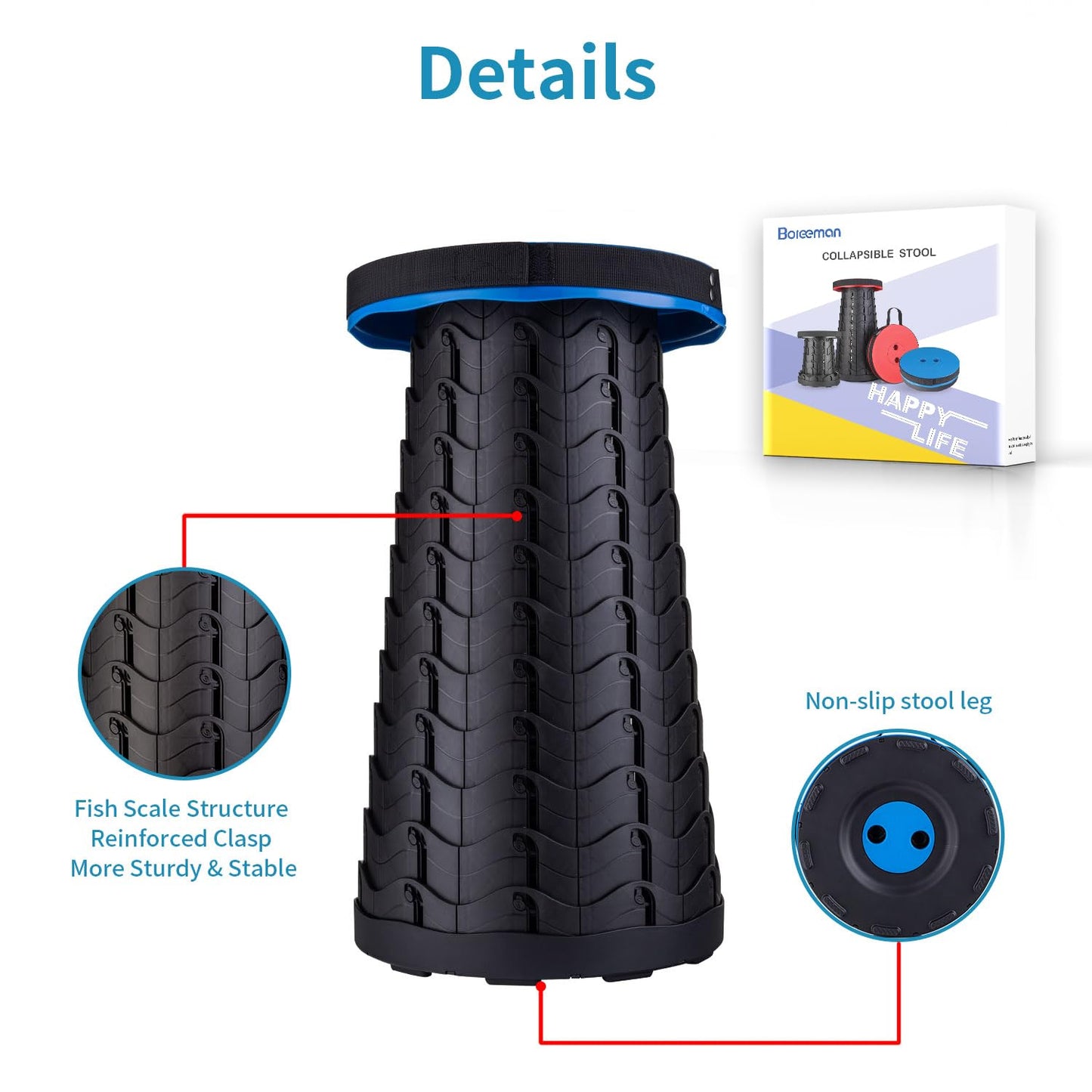 Boreeman Upgraded Folding Stool Lightweight Yet More Sturdy with Load Capacity 400lbs Portable Collapsible Stool for Camping Fishing Hiking BBQ (Blue)