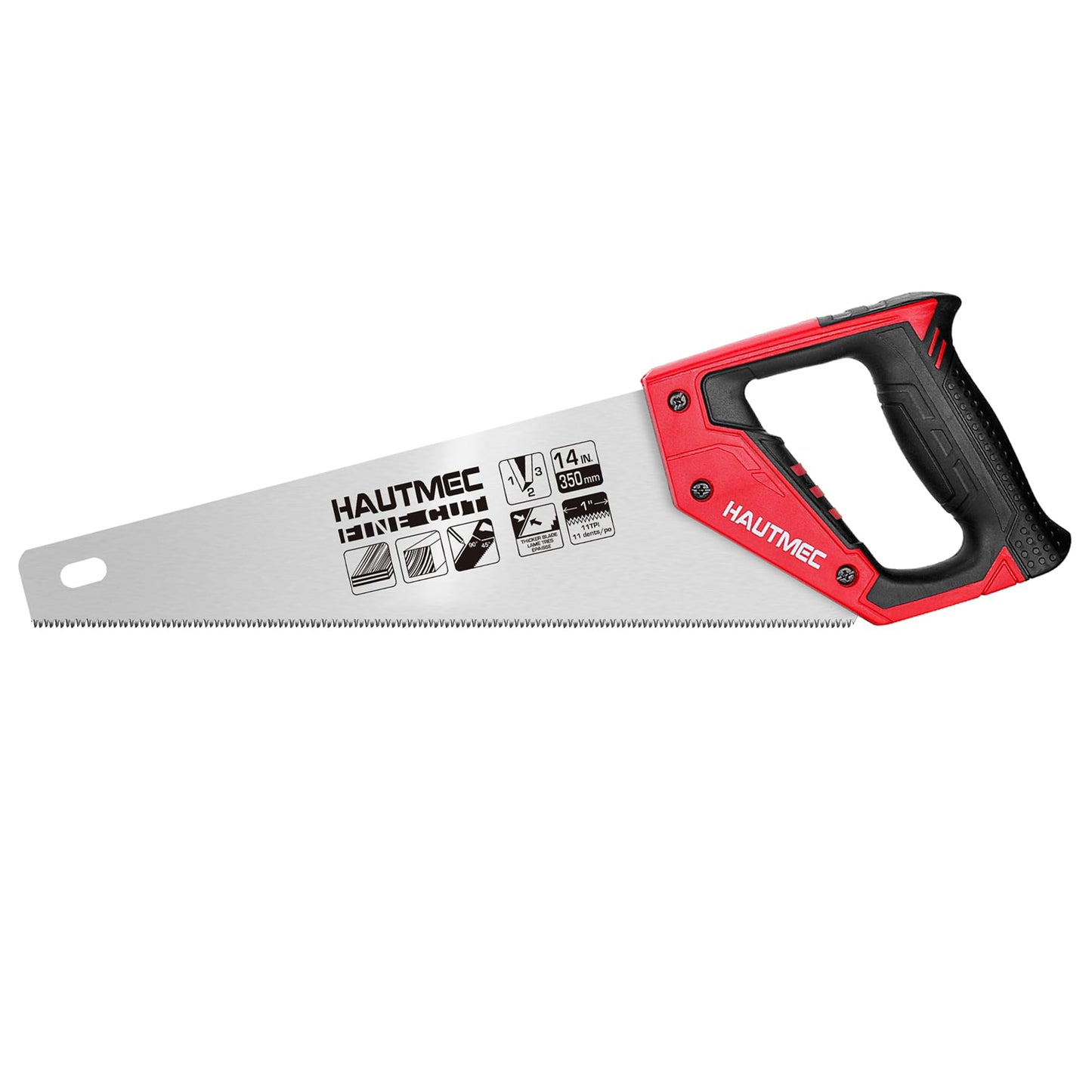 HAUTMEC 14" Universal Hand Saw, 11 TPI Fine Cut Wood Saw with Hardened Triple-Ground Teeth & Bi-Material Ergonomic Handle, Compact Handsaw for Wood, Plastic, PVC, Laminate & Branch Cutting – HT0024