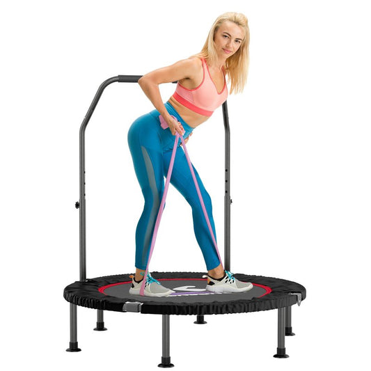 K KENSONE 40” Mini Flodable Spring Rebounder Trampoline for Adults with Adjustable Bar, Small Exercise Trampoline for Indoor Workout and Fitness, Purple Resistance Band Included, Max Load 330 LBS