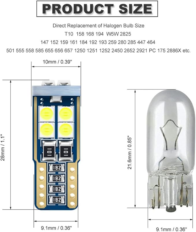 T10 Xenon White Car Interior Exterior Replacement Bulb Map Dome Door Trunk Cargo Tag Number Plate LED Light 168 175 194 2825 W5W Size (Pack of 10)
