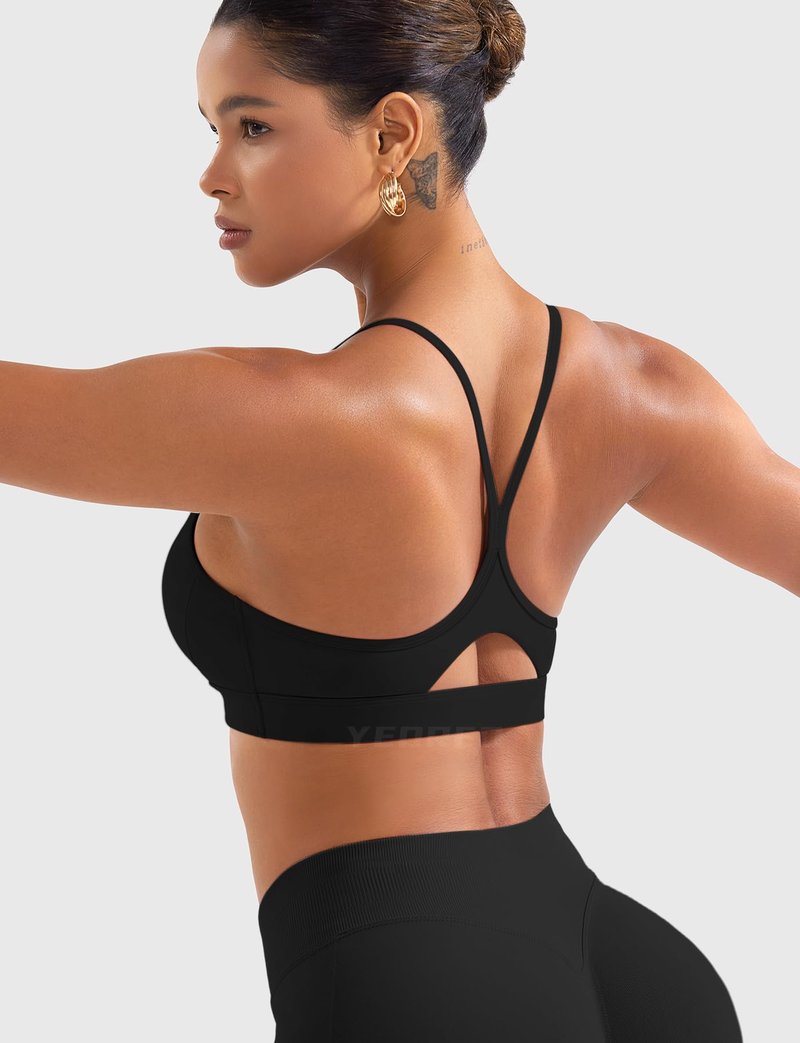 YEOREO Luciny Workout Y Back Sports Bras for Women Spaghetti Straps Racerback Padded V Neck Medium Impact Gym Bra Yoga Top Black-S