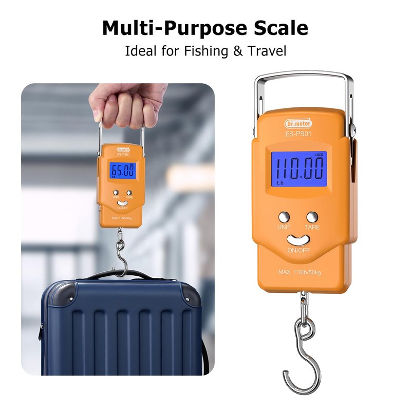 Dr.meter Fish Scale Luggage Scale Fishing Gear - 110lb/50kg Backlit LCD Display Digital Scale with Built-in Measuring Tape - Fishing Scale with 2 AAA Batteries, Pocket Size - Fishing Gifts for Men