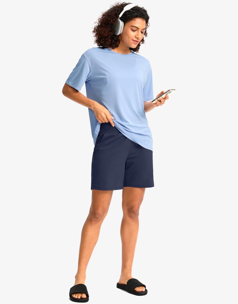 G Gradual Women's Bermuda Long Shorts with Pockets 7" High Waisted Knee Length Shorts for Women Walking Athletic Workout(Navy-L7,S)