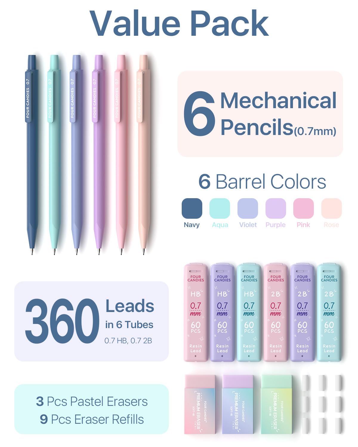 Four Candies Mechanical Pencils 0.7mm, with HB & 2B Lead Refills 0.7, Pastel Eraser Set & Eraser Refills, 16-Count Pack with Case, Cute Aesthetic School Supplies for Writing, Drawing and Sketching