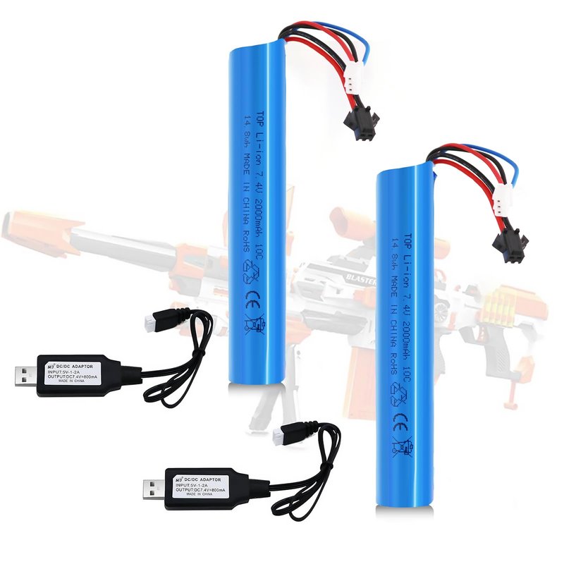 Tosiicop Airsoft Gel Blaster Battery - 7.4V 2000mAh Splatter Ball Batteries for SRB1200 SRB400 SRB400-SUB MP5K M4 M110 SM2P Plug Water Bead Airsofts with RechargeableUSB Charger 2 Pack