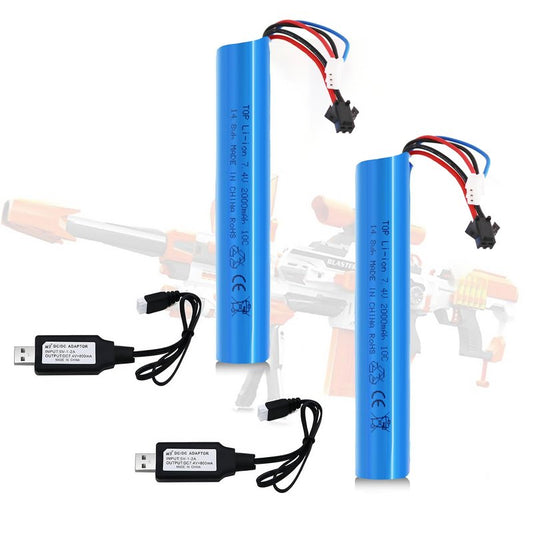 Tosiicop Airsoft Gel Blaster Battery - 7.4V 2000mAh Splatter Ball Batteries for SRB1200 SRB400 SRB400-SUB MP5K M4 M110 SM2P Plug Water Bead Airsofts with RechargeableUSB Charger 2 Pack