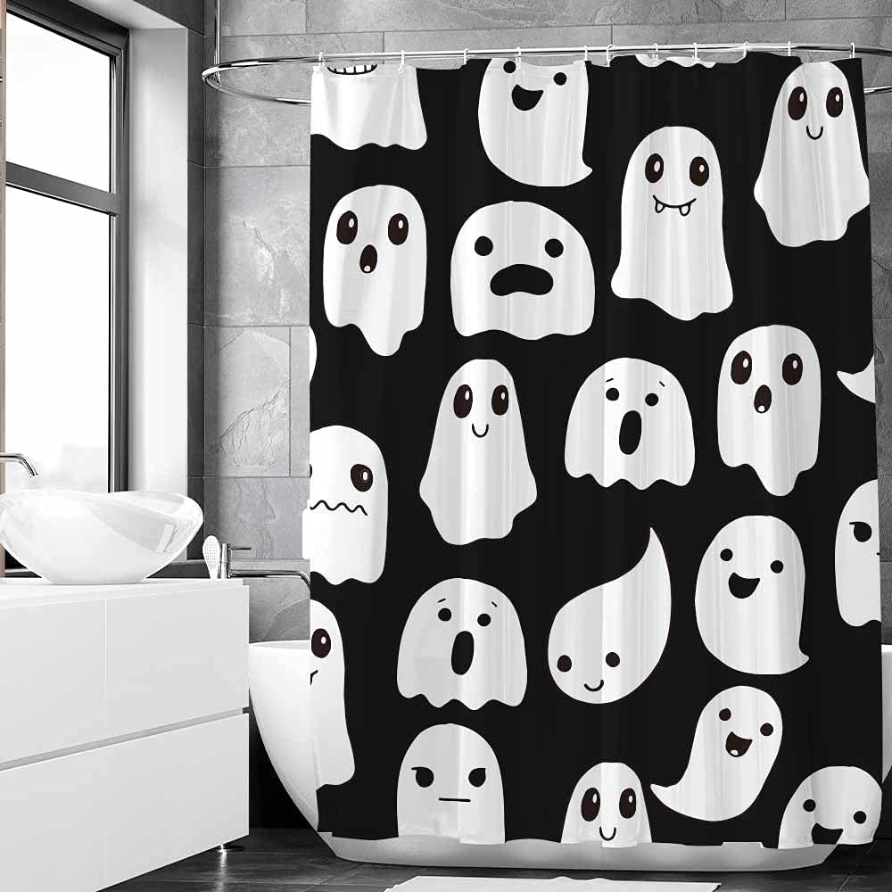 SHENGJUN 72x78 Inches Halloween Ghost Shower Curtain, Spooky Cute Funny Cartoon Ghosts Icons Black and White Fabric Kids Boy Trick or Treat Bathroom Shower Curtain with 12 Hooks