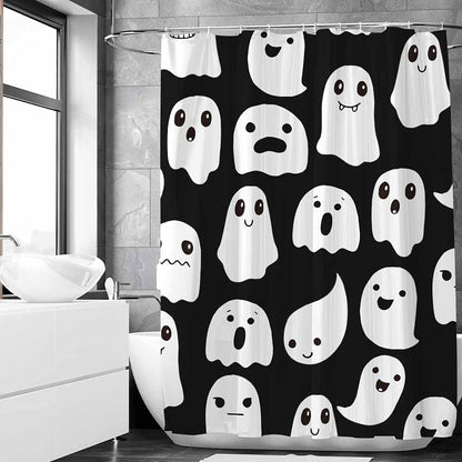 SHENGJUN 72x78 Inches Halloween Ghost Shower Curtain, Spooky Cute Funny Cartoon Ghosts Icons Black and White Fabric Kids Boy Trick or Treat Bathroom Shower Curtain with 12 Hooks