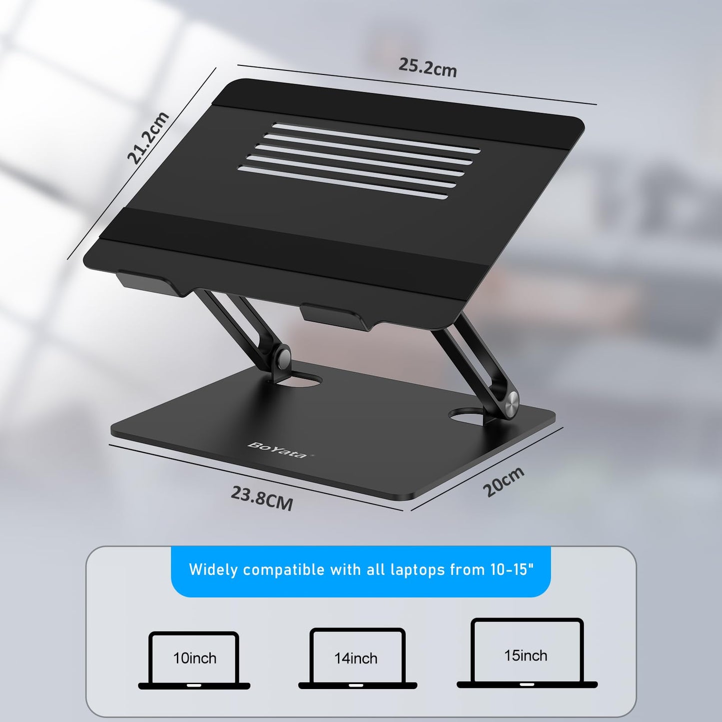 BoYata Laptop Stand, Adjustable Laptop Riser with Slide-Proof Silicone and Protective Hooks, Laptop Stand for Laptop up to 17 Inches, Laptop Holder Compatible for MacBook, Laptop-Black