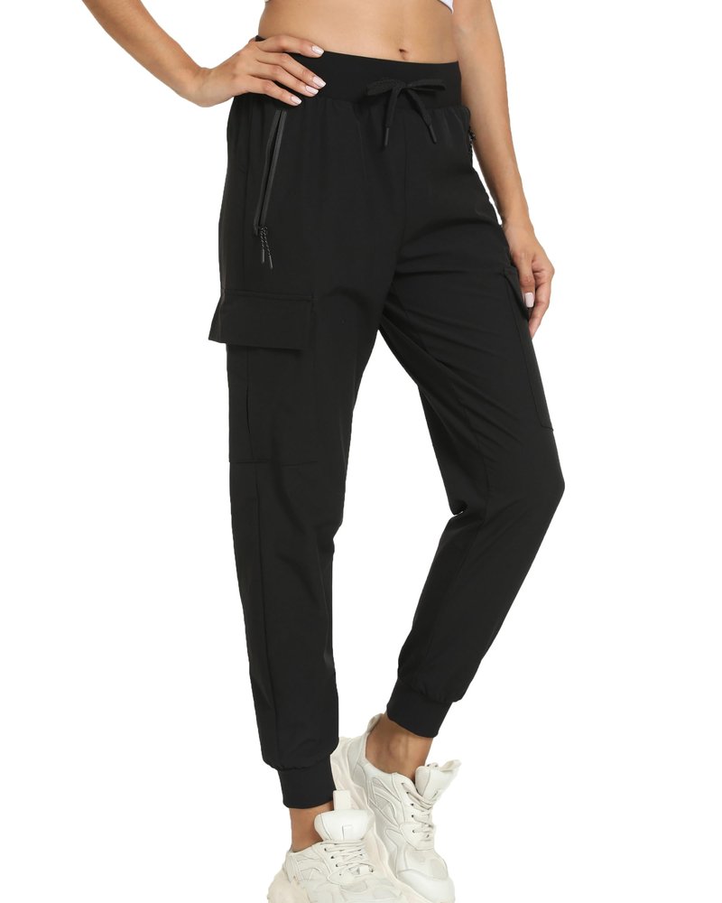 Women's Joggers with Pockets Lightweight - Water Resistant Quick Dry Cargo Athletic Pants for Hiking Running Camping Travel (Black, Medium)