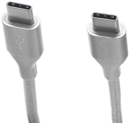 Amazon Basics USB-C to USB-C 2.0 Fast Charger Cable, Nylon Braided Cord, 480Mbps Speed, USB-IF Certified, for Apple iPhone 16/15, iPad, Samsung Galaxy, Tablets, Laptops, 10 Foot, Silver