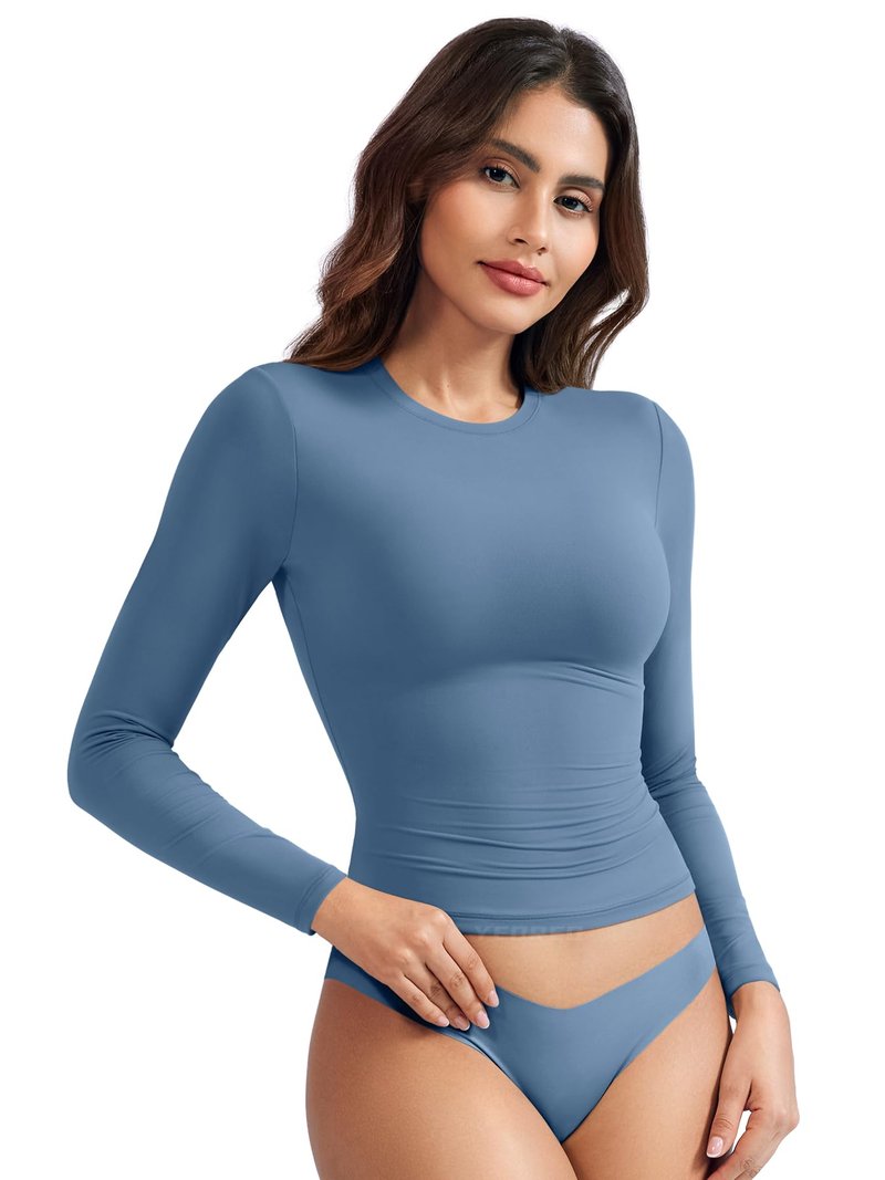 YEOREO Long Sleeve Shirts for Women y2k Tops Double Lined Basic Tee Crew Neck Going Out Sweeney Workout Undershirt Haze Blue M