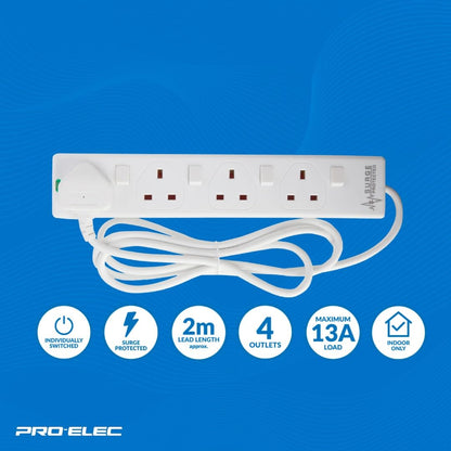 pro elec plpl15330pl 2 m Switched and Surge Protected 4 Gang Extension Lead white