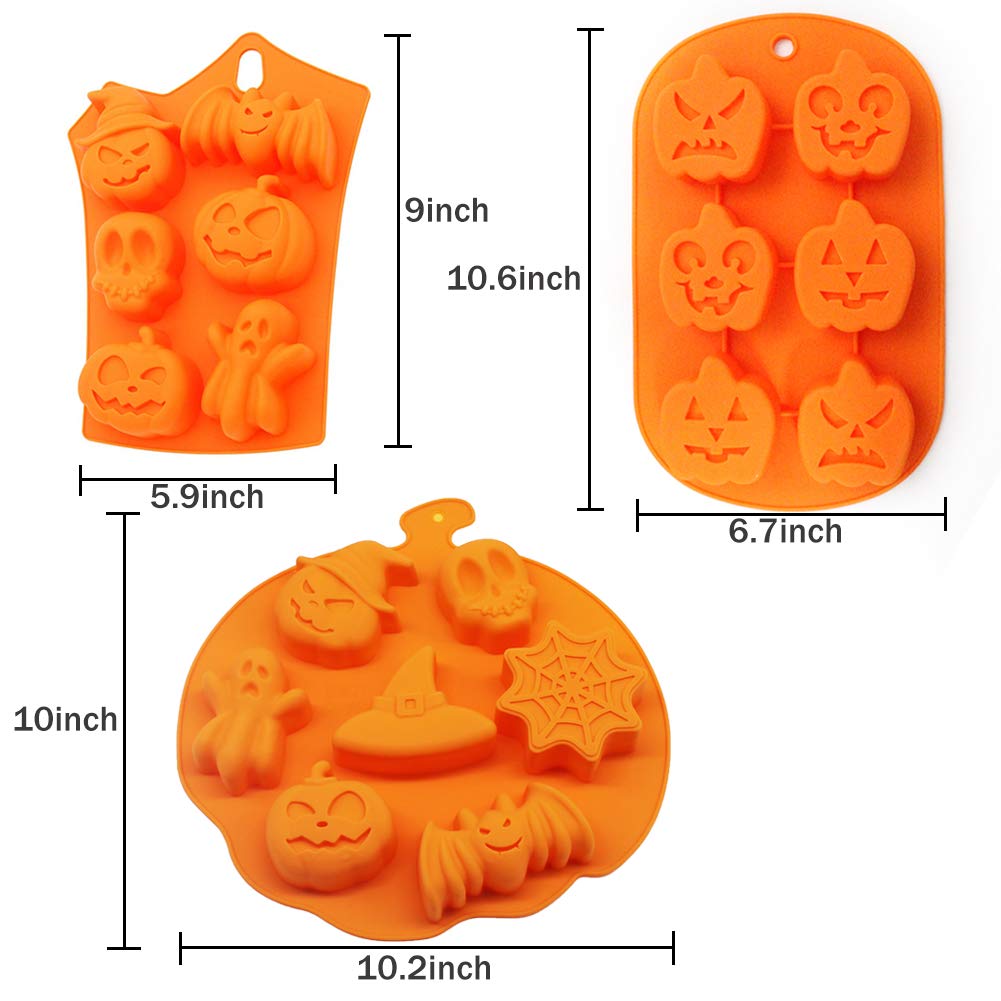 3 PCS Silicone Halloween Ghost Pumpkin Baking Mold Set Non-Stick Chocolate Jelly Fondant Cake Baking mold for Party Gift Handmade Soap Molds with Shape of Skull Bat Ghost