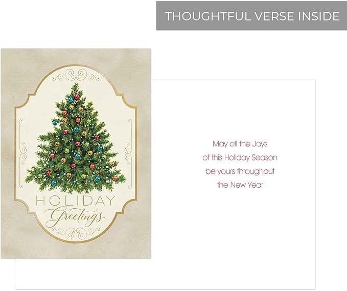 Masterpiece Nostalgic Christmas Tree Cards / 16 Boxed Holiday Card Set With Coordinating Red Envelopes / 5 5/8" x 7 7/8" Folded Greeting Cards With Inside Verse