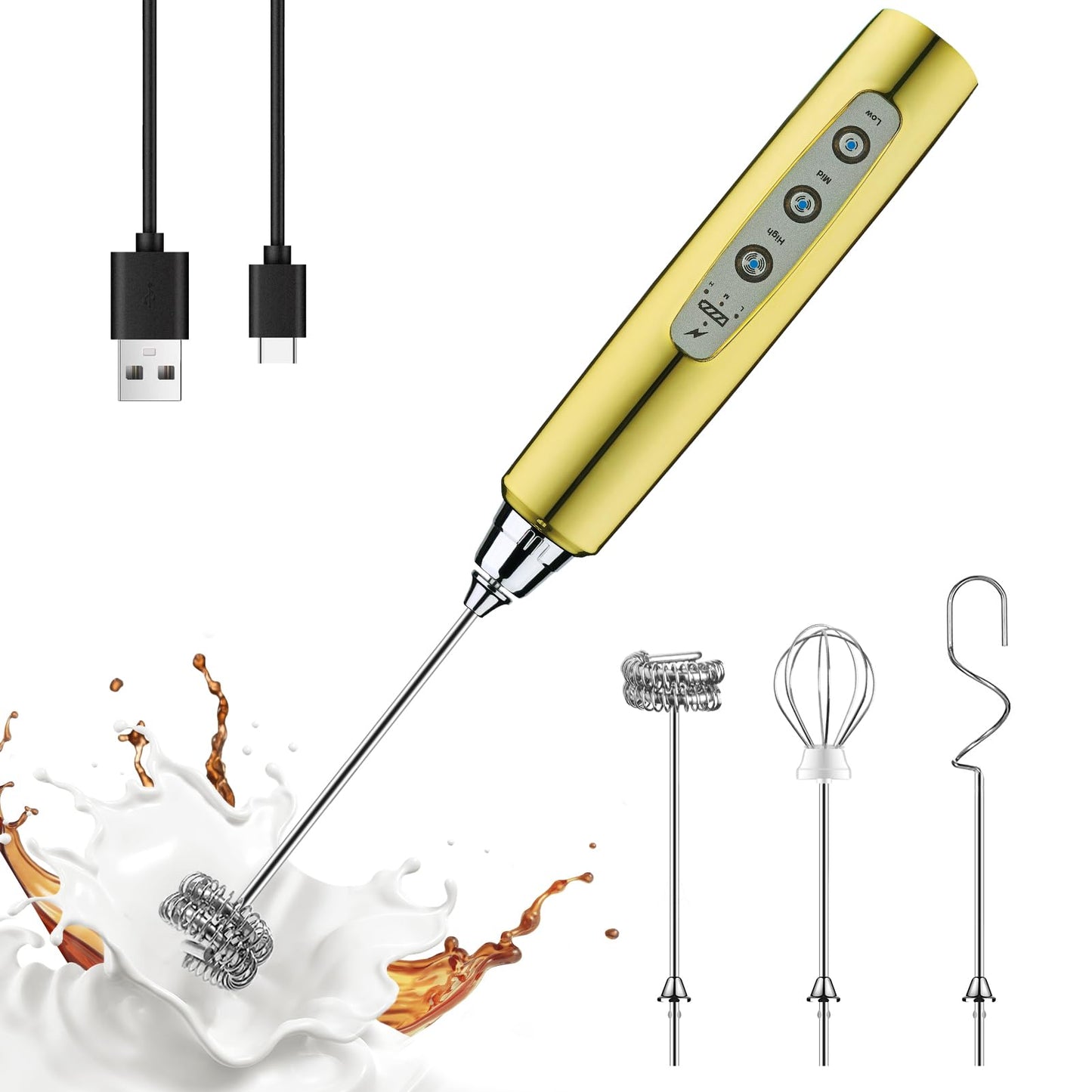 YUSWKO Black Handheld Milk Frother Wand for Coffee, Rechargeable Electric Whisk with 3 Heads 3 Speeds Drink Mixer Coffee Frother For Latte, Cappuccino, Hot Chocolate, Egg