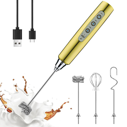 YUSWKO Black Handheld Milk Frother Wand for Coffee, Rechargeable Electric Whisk with 3 Heads 3 Speeds Drink Mixer Coffee Frother For Latte, Cappuccino, Hot Chocolate, Egg