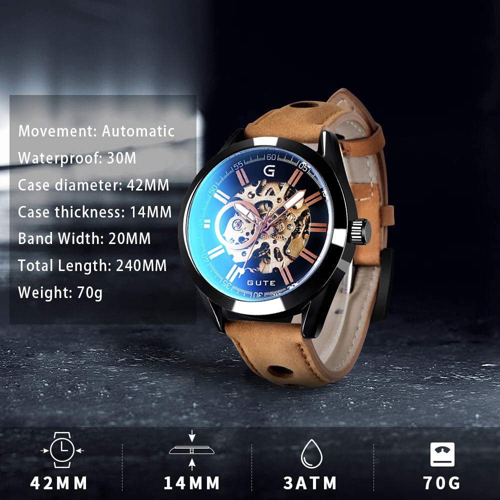 Gute Mens Watches, Mechanical Skeleton Automatic Self-Winding Steampunk Watch for Men, Casual Clock Brown Leather Wrist Watch